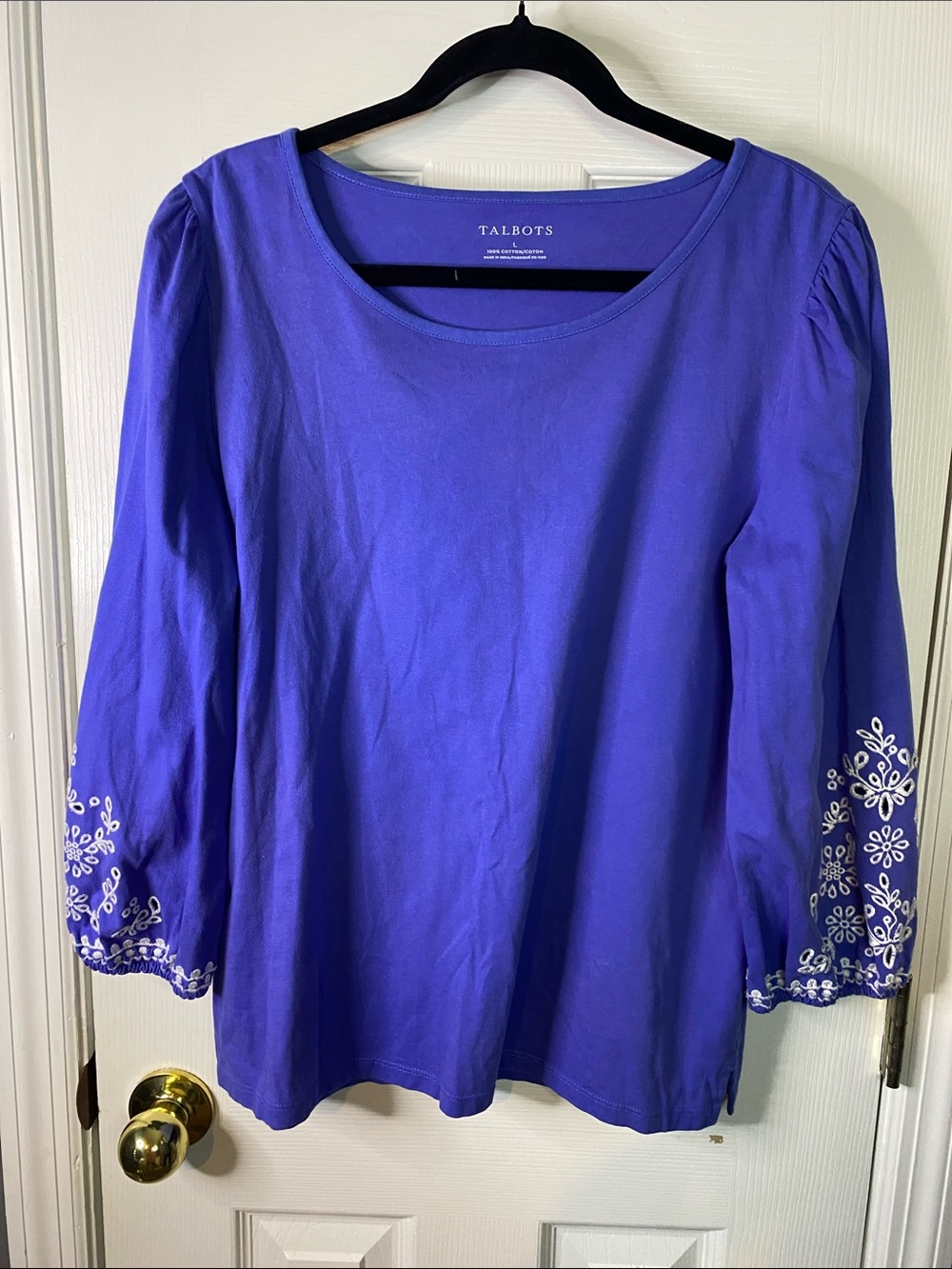 Talbots Royal Purple Scoop Neck Tunic with White Embroidered Size Large.